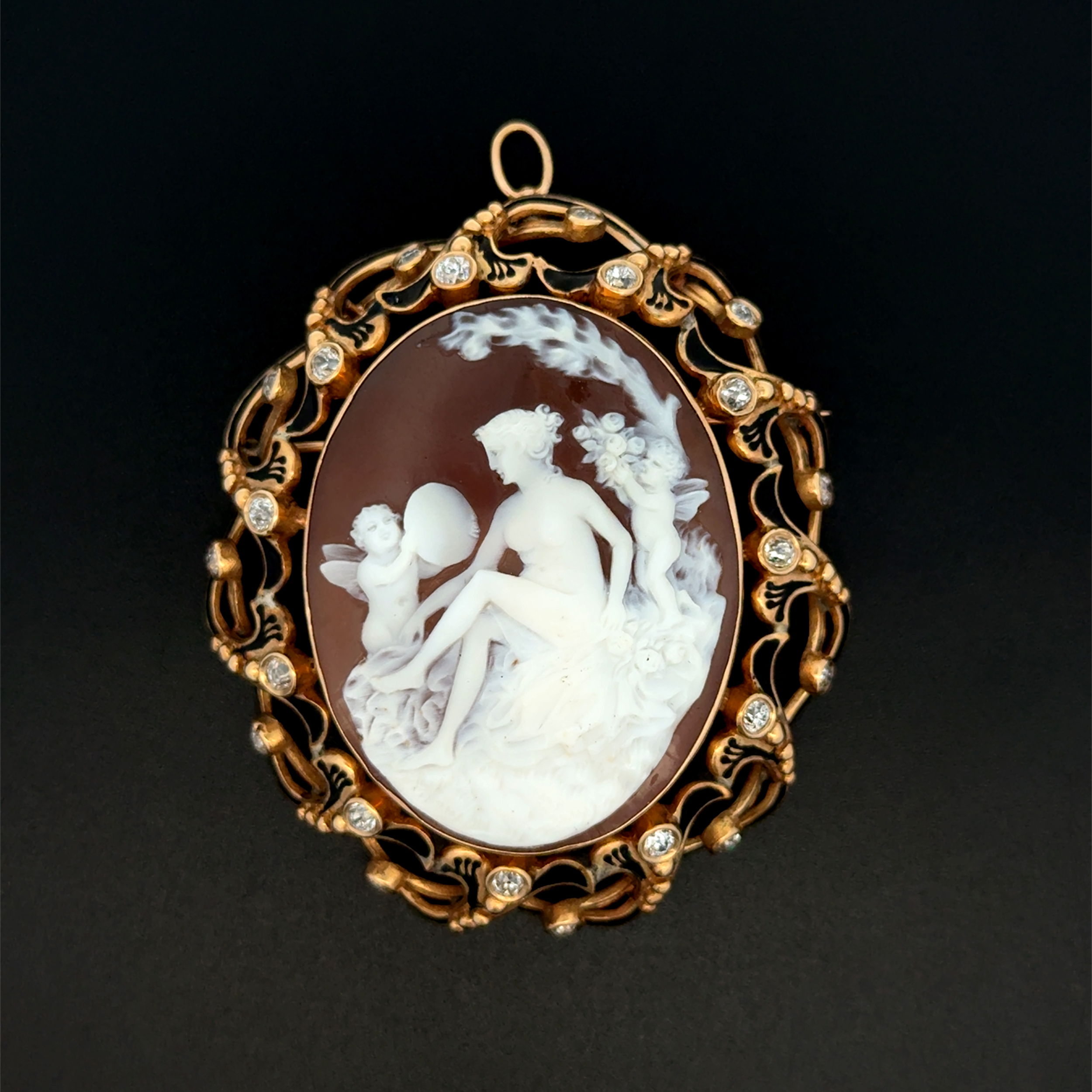 14K YG Victorian Carved Shell Cameo, Enamel & 2.00tcw OEC Diamond Pendant Brooch 38.1g 14K YG Victorian Carved Shell Cameo, Enamel & 2.00tcw OEC Diamond Pendant Brooch 38.1g