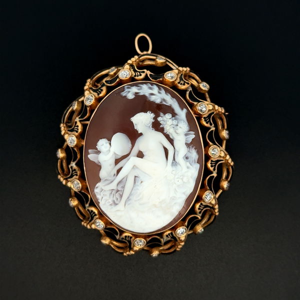 Closeup photo of 14K YG Victorian Carved Shell Cameo, Enamel & 2.00tcw OEC Diamond Pendant Brooch 38.1g