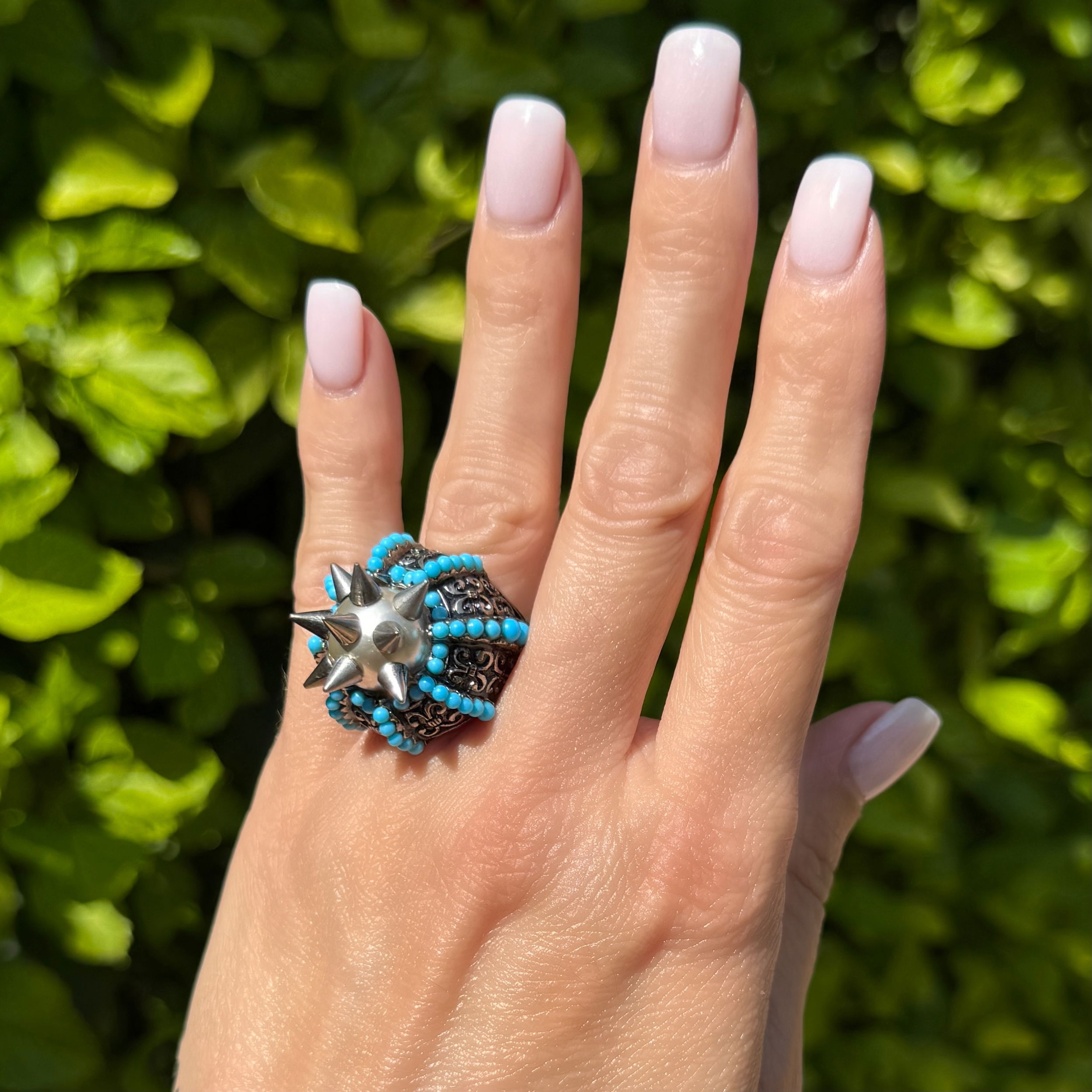 GUCCI Faux Pearl and Turquoise Like Bead Spike Sputnik Ring 23.7g, s7.5 w/Box GUCCI Faux Pearl and Turquoise Like Bead Spike Sputnik Ring 23.7g, s7.5 w/Box
