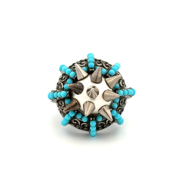 Closeup photo of GUCCI Faux Pearl and Turquoise Like Bead Spike Sputnik Ring 23.7g, s7.5 w/Box