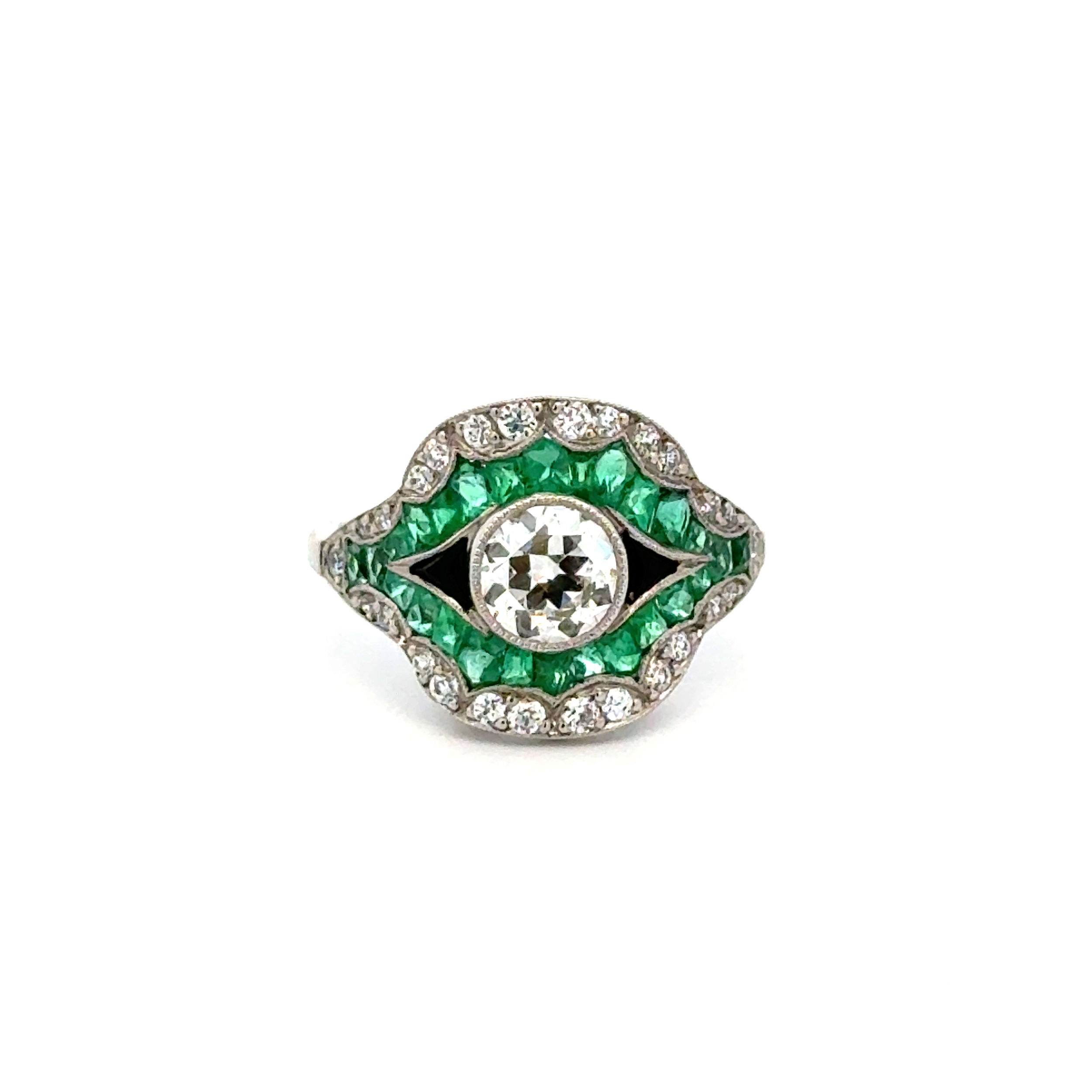 Platinum .75ct OEC Diamond, 2.40tcw Emerald, Onyx & .25tcw OEC Diamond Filigree Ring 4.9g, s6.5 Platinum .75ct OEC Diamond, 2.40tcw Emerald, Onyx & .25tcw OEC Diamond Filigree Ring 4.9g, s6.5