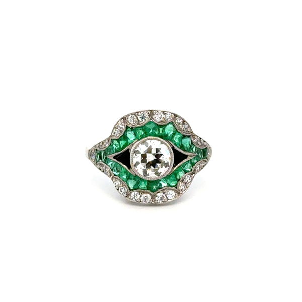 Closeup photo of Platinum .75ct OEC Diamond, 2.40tcw Emerald, Onyx & .25tcw OEC Diamond Filigree Ring 4.9g, s6.5