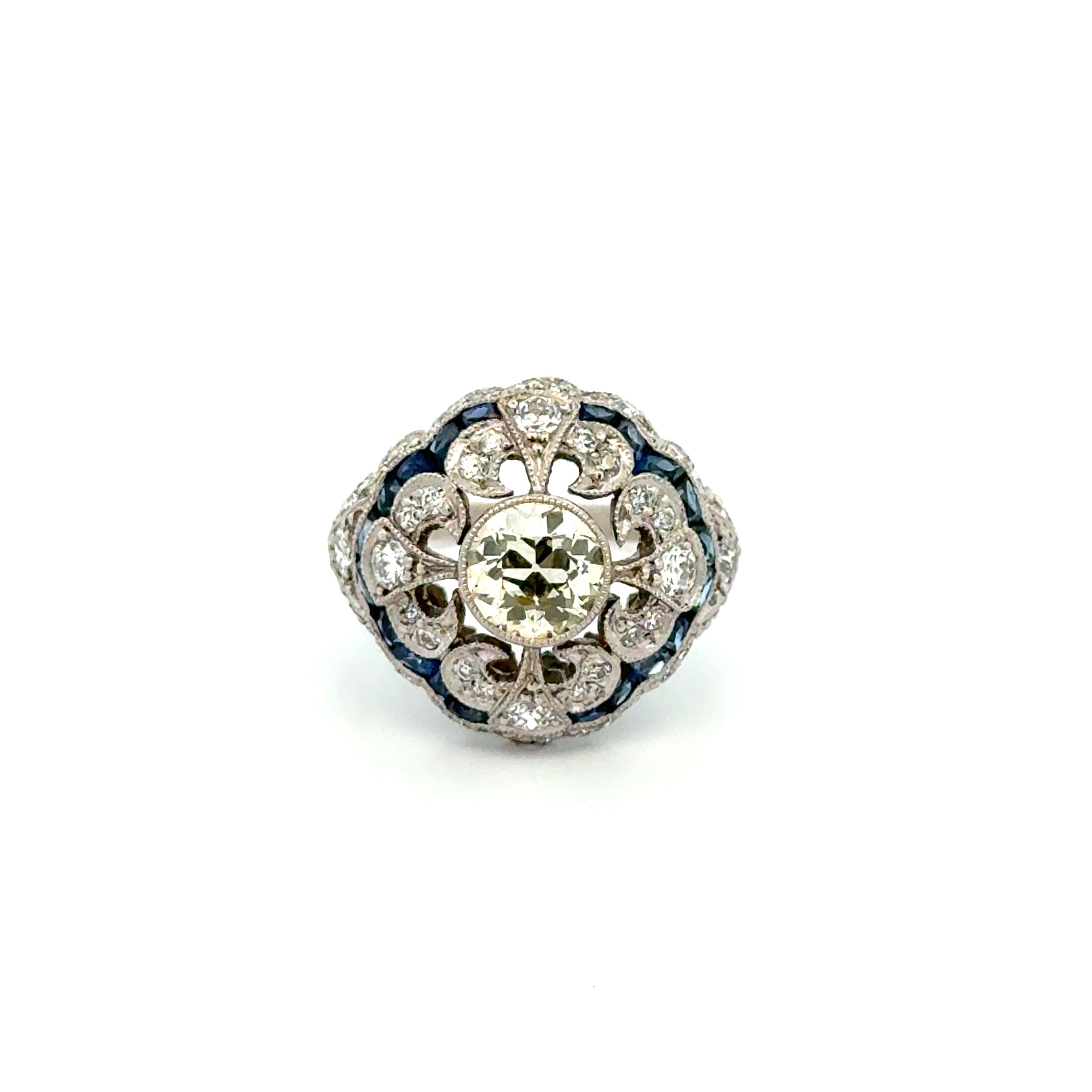 Platinum 1.11ct OEC Diamond, 1.94tcw Sapphire & 1.28tcw OEC Diamond Filigree Ring 8.2g, s7 Platinum 1.11ct OEC Diamond, 1.94tcw Sapphire & 1.28tcw OEC Diamond Filigree Ring 8.2g, s7