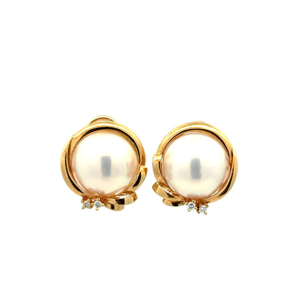 Closeup photo of 14K YG 16mmmm Round Mabe Pearl & .04tcw Diamond Earrings French Clips 8.2g