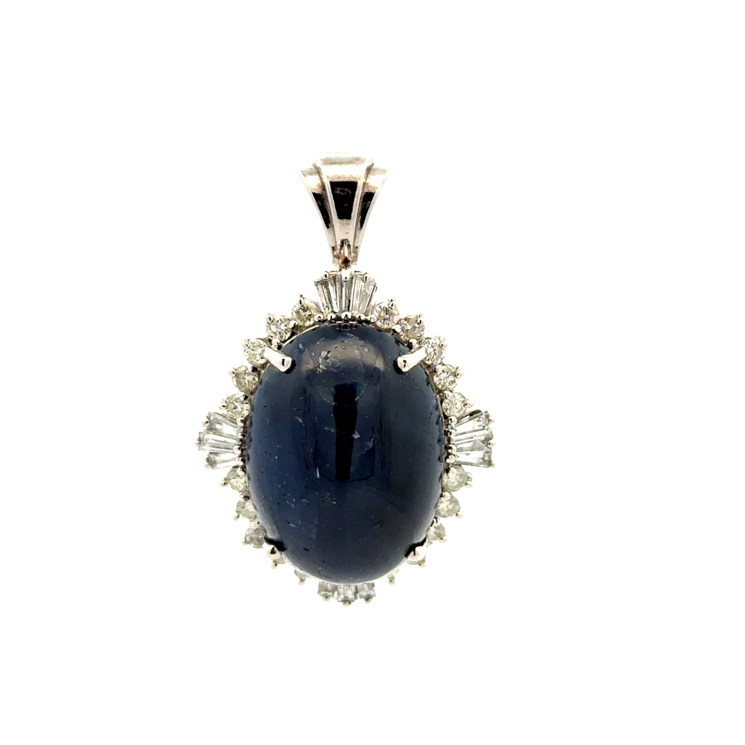 Platinum 35ct Cabochon Sapphire & 1.00tcw Baguette & RBC Diamond Pendant 16.0g Platinum 35ct Cabochon Sapphire & 1.00tcw Baguette & RBC Diamond Pendant 16.0g