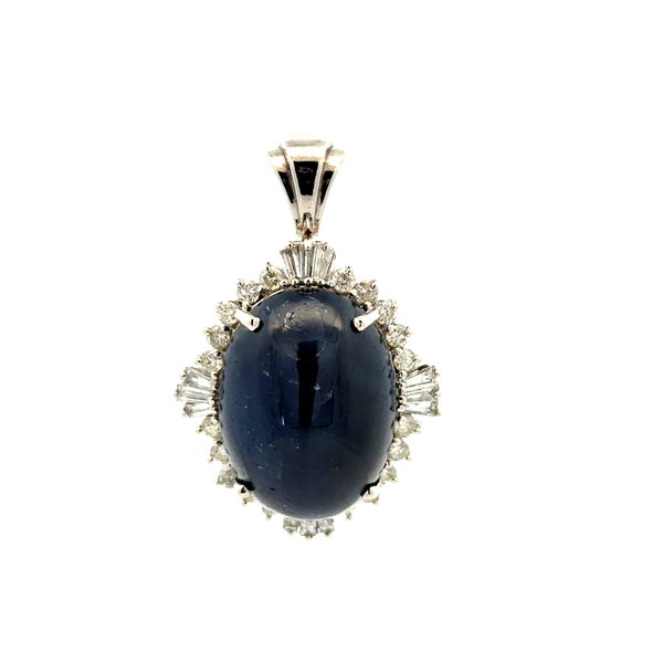 Closeup photo of Platinum 35ct Cabochon Sapphire & 1.00tcw Baguette & RBC Diamond Pendant 16.0g