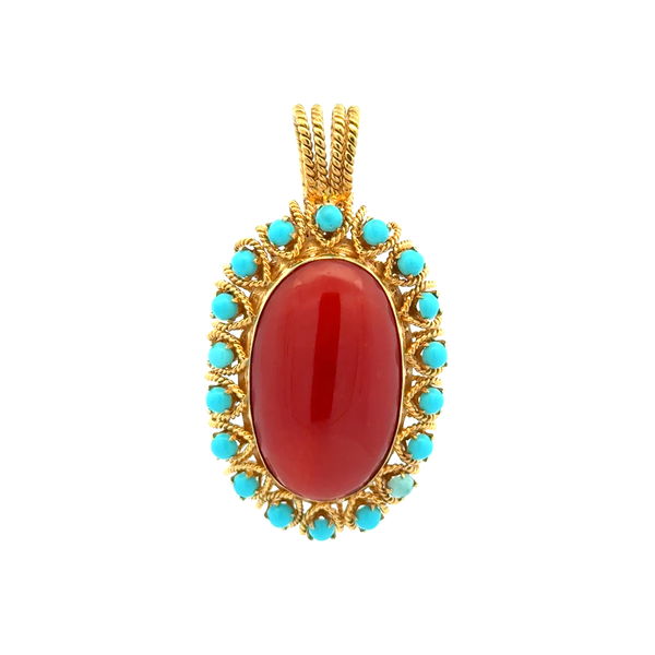 Closeup photo of 14K YG 1960's 10ct Oval Red Coral & Turquoise Pendant 17.2g, 1.8"