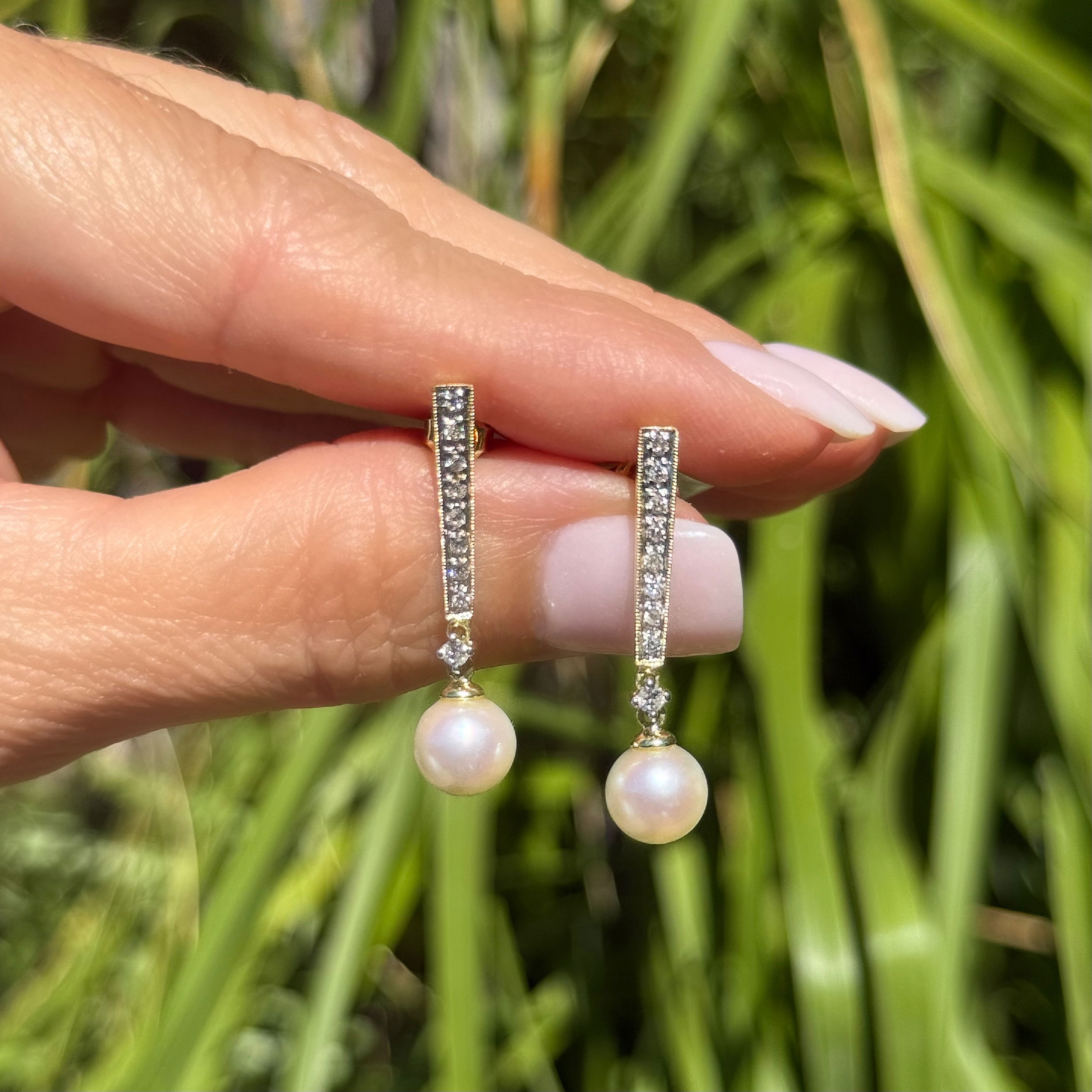 14K YG .16tcw Diamond Stick & 7.75mm Pearl Drop Earrings 3.3g, 1.25"