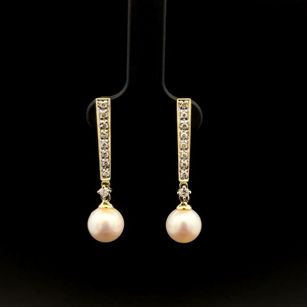 Closeup photo of 14K YG .16tcw Diamond Stick & 7.75mm Pearl Drop Earrings 3.3g, 1.25"