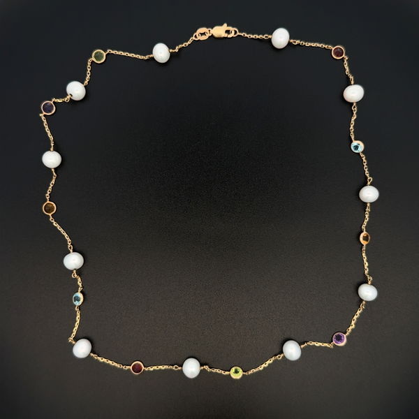 Closeup photo of 14K YG 6.25mm Pearl & Rainbow Gemstone By the Yard Necklace 6.1g, 19"