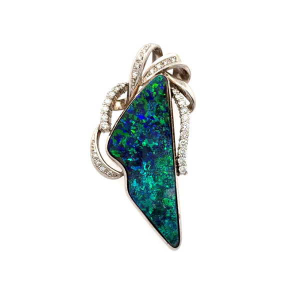 Closeup photo of Platinum 20ct Boulder Opal (Damaged) & .43tcw Diamond Pendant 19.1g, 2"