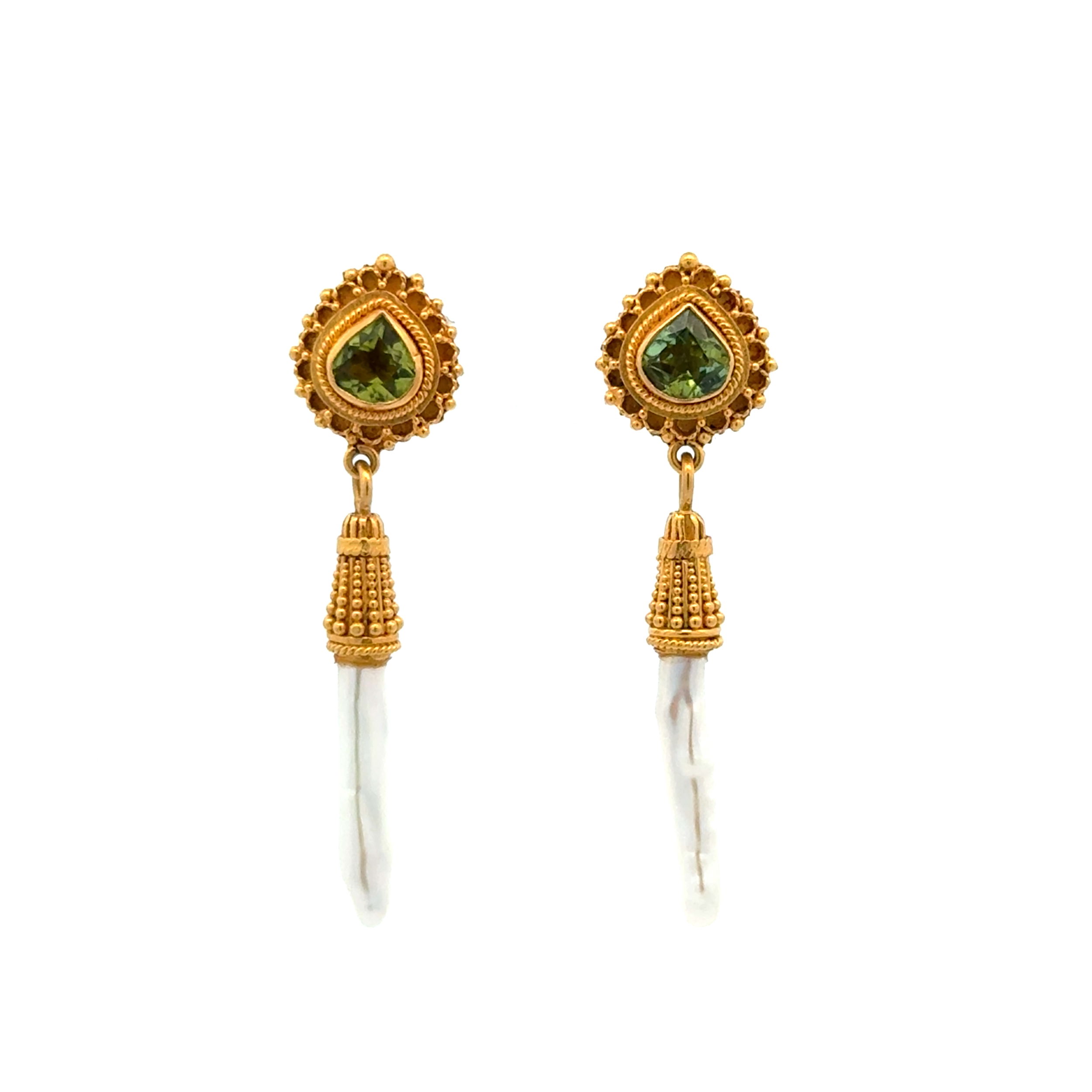 22K YG Etruscan .60tcw Peridot & Biwa Pearl Drop Earrings 4.2g, 1.45" 22K YG Etruscan .60tcw Peridot & Biwa Pearl Drop Earrings 4.2g, 1.45"