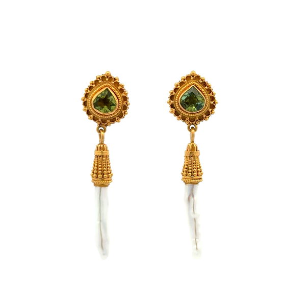 Closeup photo of 22K YG Etruscan .60tcw Peridot & Biwa Pearl Drop Earrings 4.2g, 1.45"