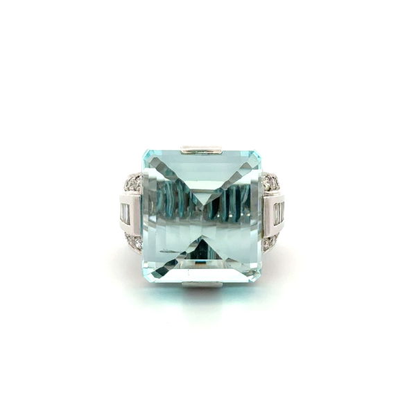 Closeup photo of 18K WG 33.24ct Step Cut Dome Aquamarine &.95tcw Baguette & RBC Diamond Ring 18.6g, s6.5