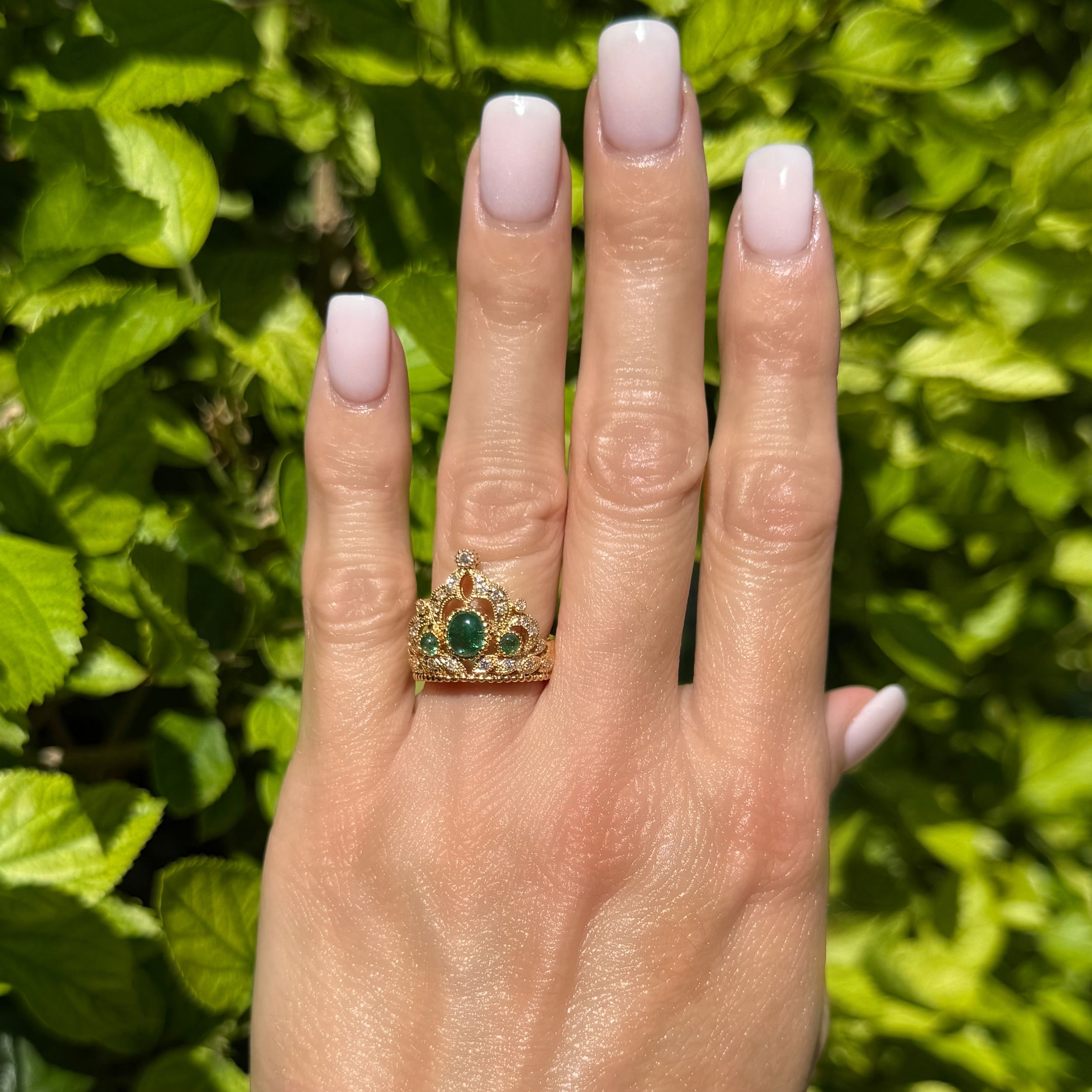 20K YG 1.13tcw Cabochon Emerald & .23tcw RBC Diamond Crown Ring 7.5g, s6