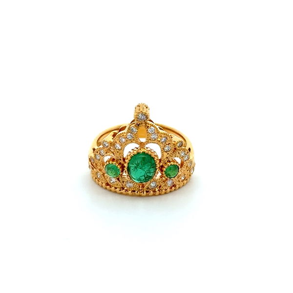 Closeup photo of 20K YG 1.13tcw Cabochon Emerald & .23tcw RBC Diamond Crown Ring 7.5g, s6