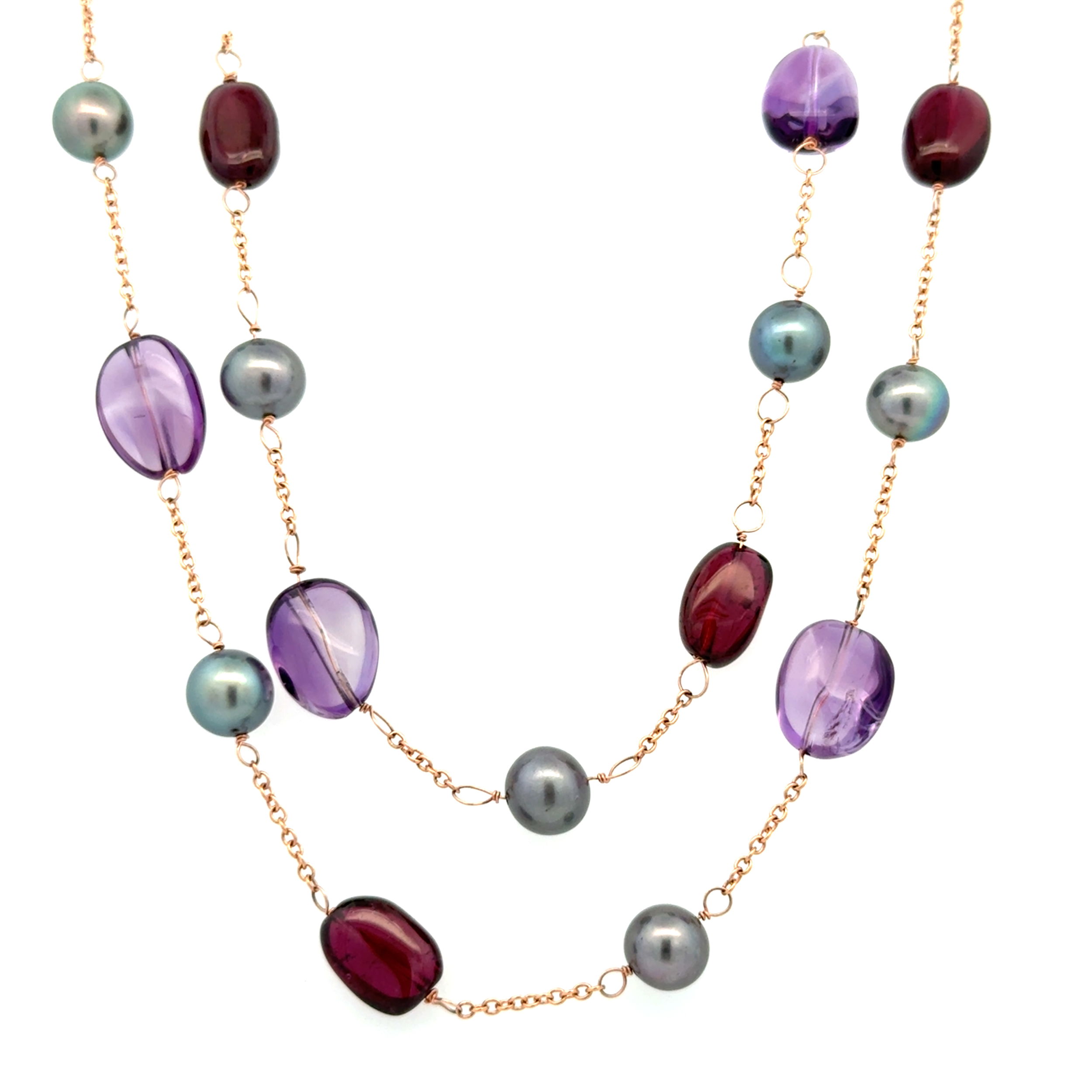 14K RG Amethyst, Garnet and 7.75mm Gray Pearl Double Strand Necklace 84.6g, 44"