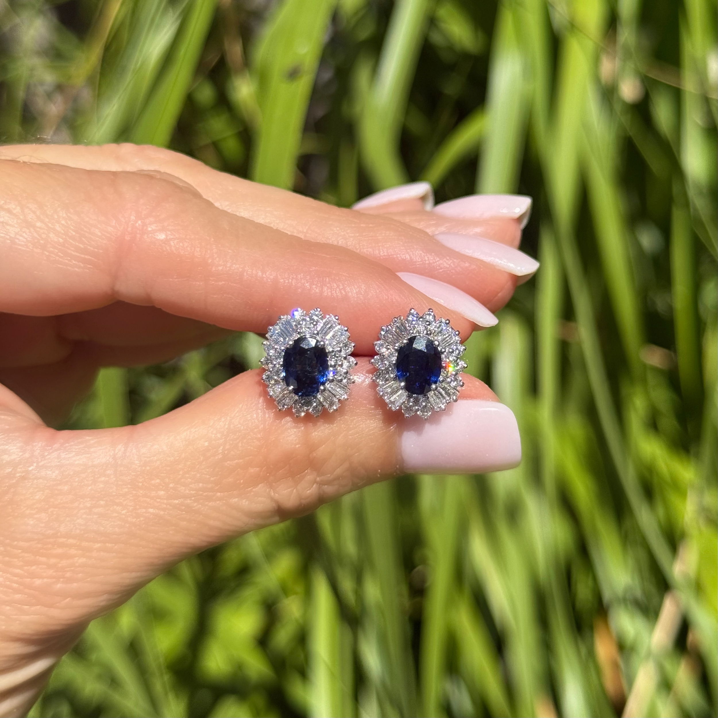 Platinum 2.59tcw Oval Sapphire & 1.31tcw Baguette & RBC Diamond Halo Earrings 5.9g