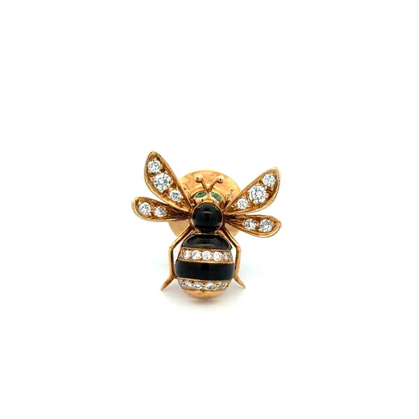 Closeup photo of 18K YG .30tcw RBC Diamond, Black Onyx & Emerald Eye Bee Brooch Pin 5.6g