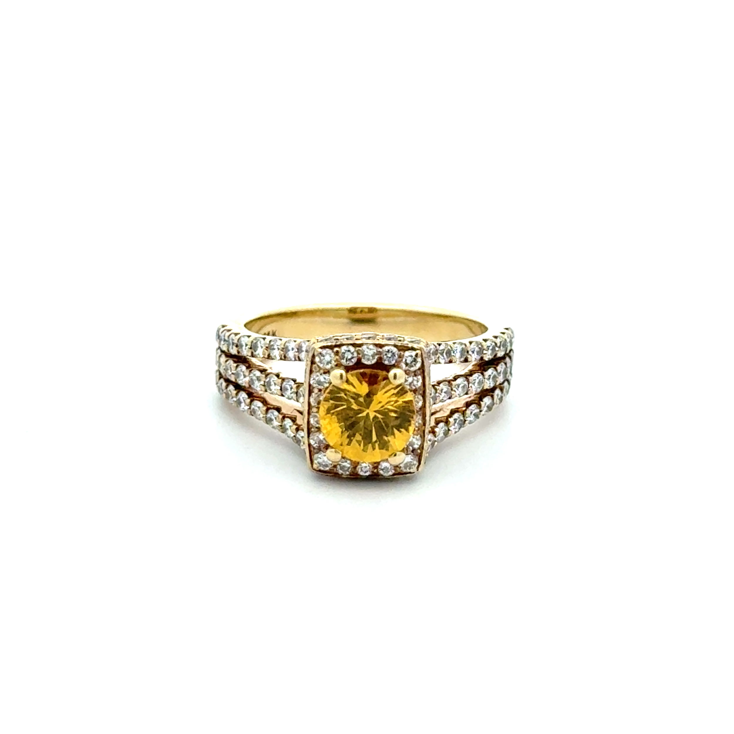 14K YG 1.30ct Round Yellow Sapphire & 3 Row .60tcw RBC Diamond Ring 6.8g, s6.75