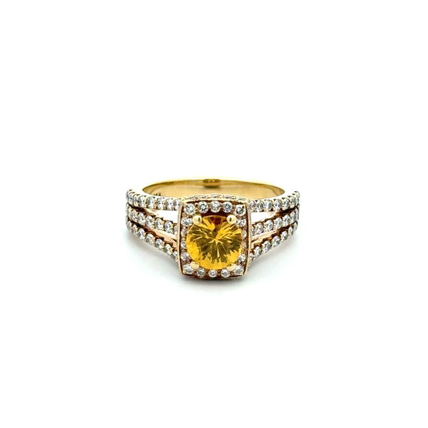 Closeup photo of 14K YG 1.30ct Round Yellow Sapphire & 3 Row .60tcw RBC Diamond Ring 6.8g, s6.75