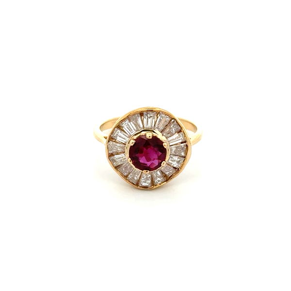 Closeup photo of 14K YG 1.00ct Ruby & 1.30tcw Baguette Diamond Round Ballerina Ring 4.3g, s6.75