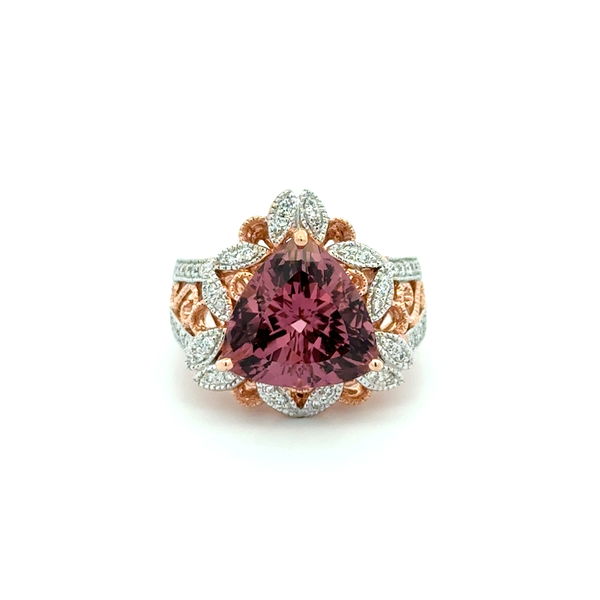 Closeup photo of 14K RG 6.50ct Trillion Rubellite Tourmaline & .35tcw Diamond Lacey Ring 10.7g, s8
