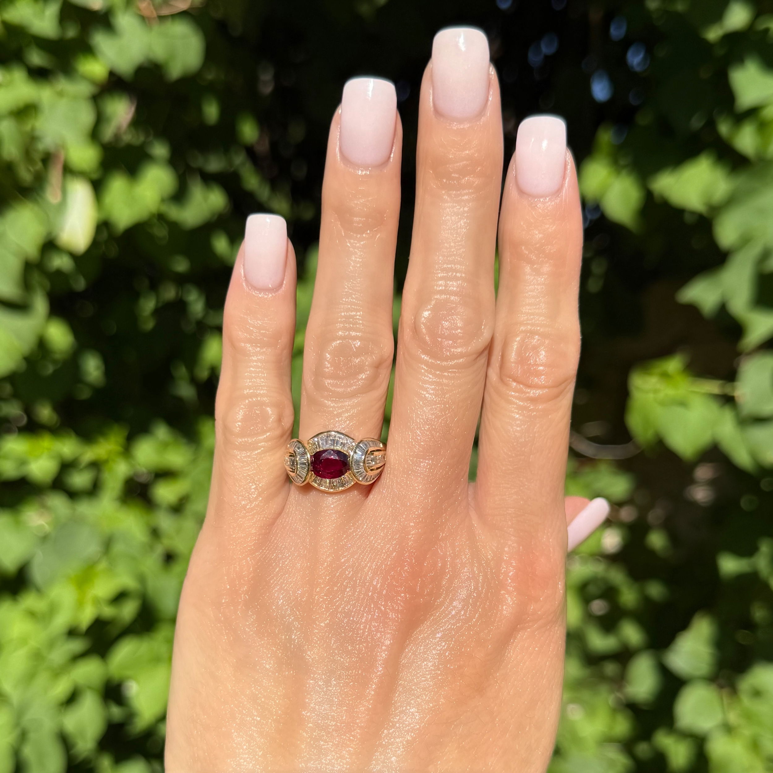 18K YG 1.00ct Oval Ruby & 1.32tcw Baguette Diamond Ring 10.4g, s7