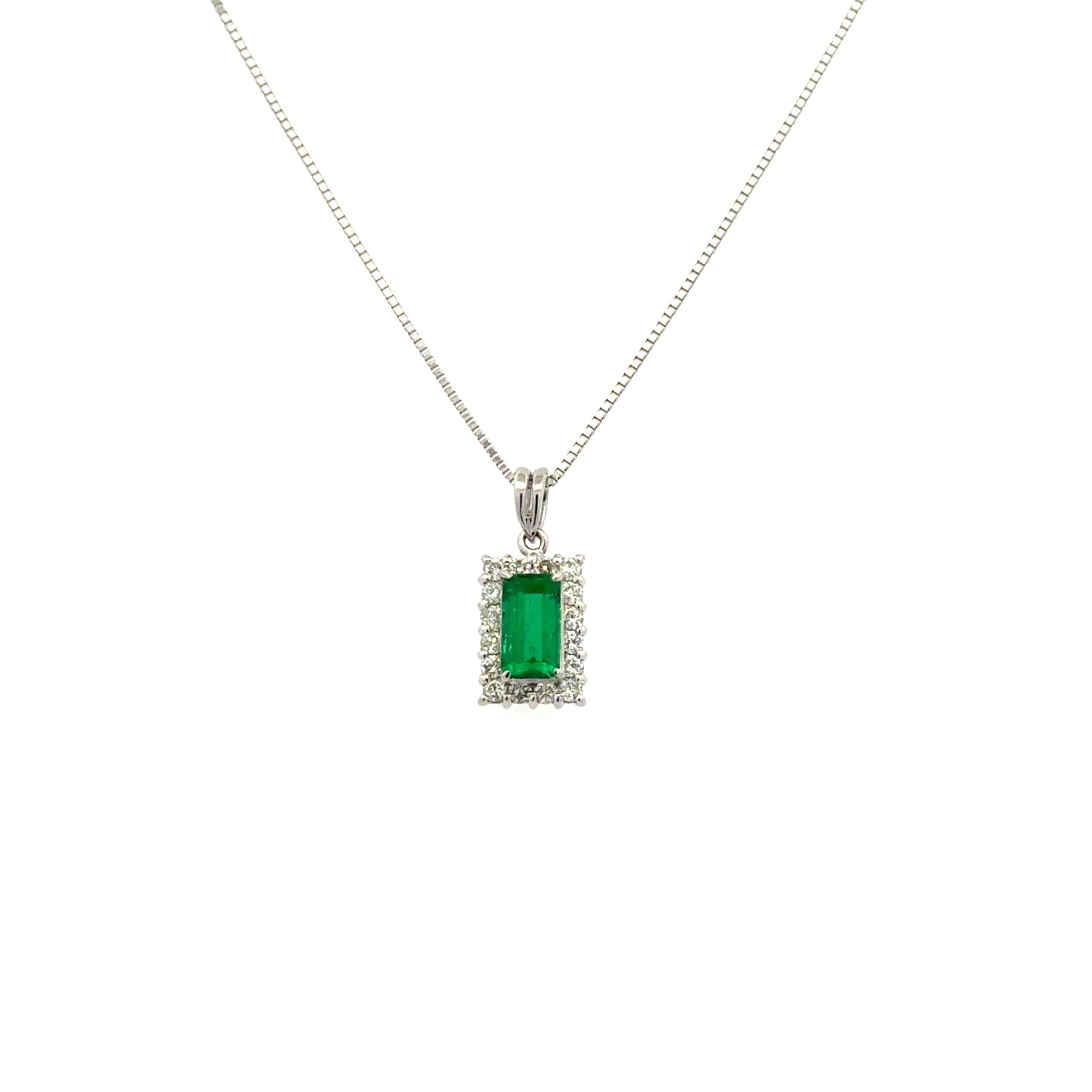 Platinum .70ct Emerald Cut Emerald & .29tcw RBC Diamond Rectangular Pendant 3.6g, 18"