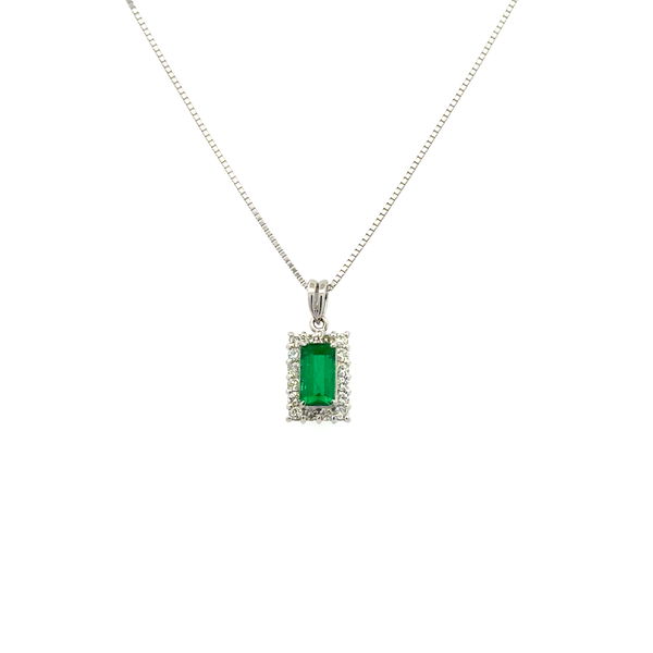 Closeup photo of Platinum .70ct Emerald Cut Emerald & .29tcw RBC Diamond Rectangular Pendant 3.6g, 18"