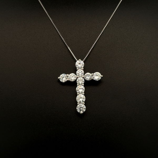 Closeup photo of Platinum 900 3.00tcw RBC 10 Diamond Cross Necklace 7.3 on Platinum 850 Chain 18"