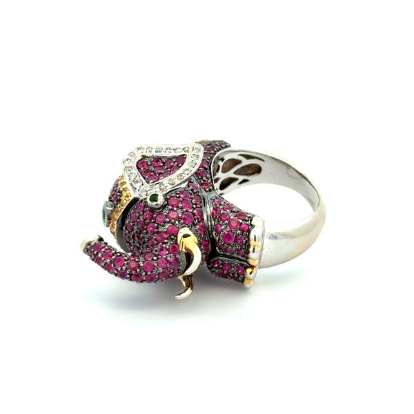 Closeup photo of 14K 2tone .30tcw Diamond, 3.50tcw Ruby & 1tcw Yellow Sapphire Elephant Ring 23.8g, s7