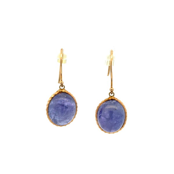 Closeup photo of 14K YG 10tcw Cabochon Iolite Bezel Set Drop Earring 3.8g