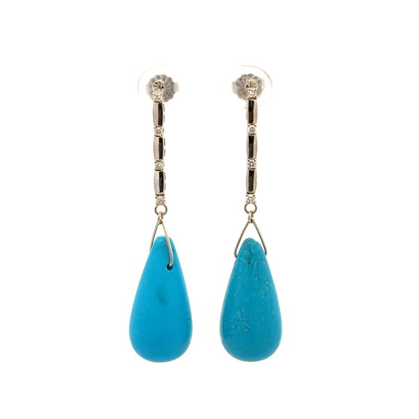Closeup photo of 14K WG 38tcw Tear Drop Turquoise &n .08tcw Diamond Drop Earrings 10.2g,