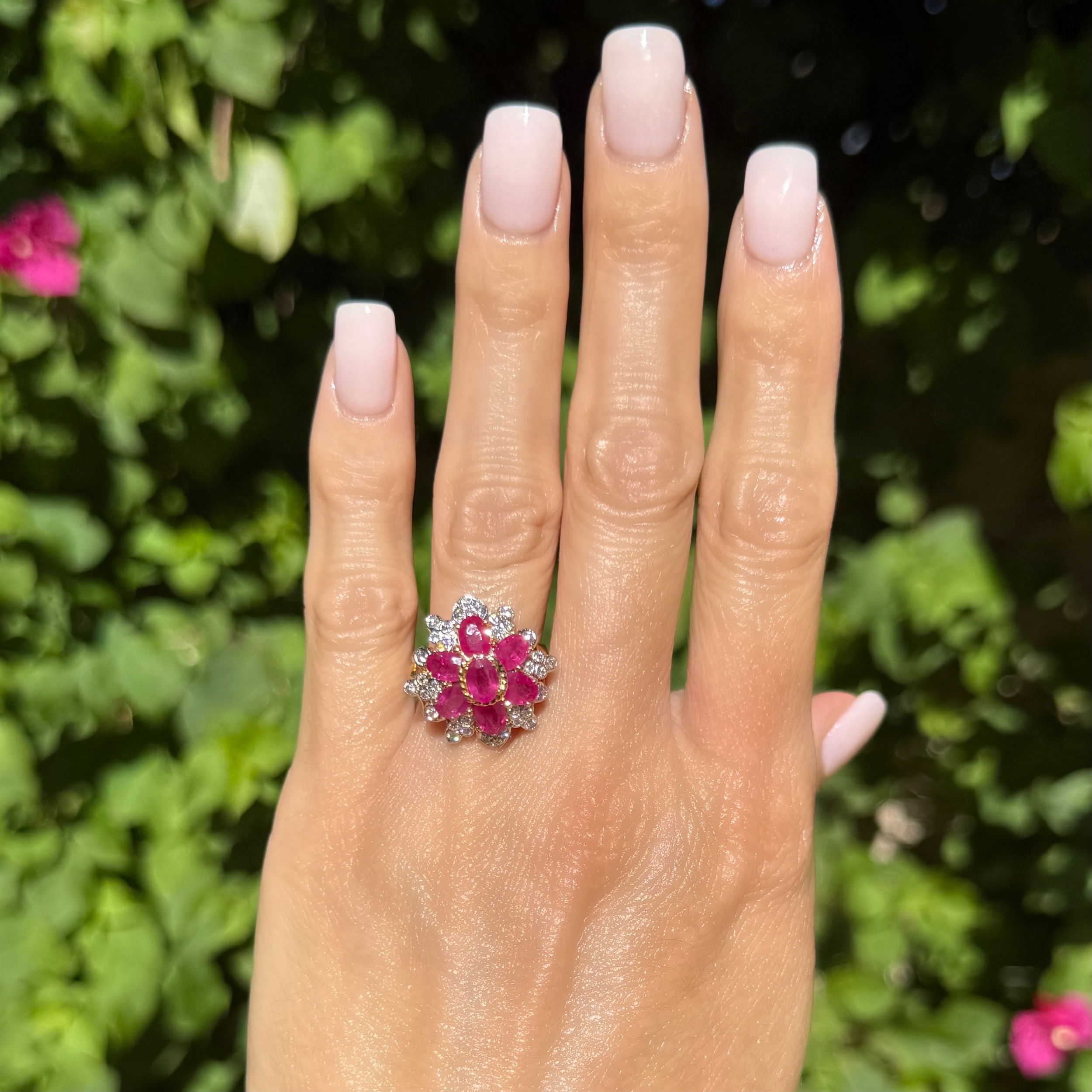 18K YG 2.50tcw Oval Ruby Cluster & .40tcw RBC Diamond Rope Halo Ring 7.7g, s8