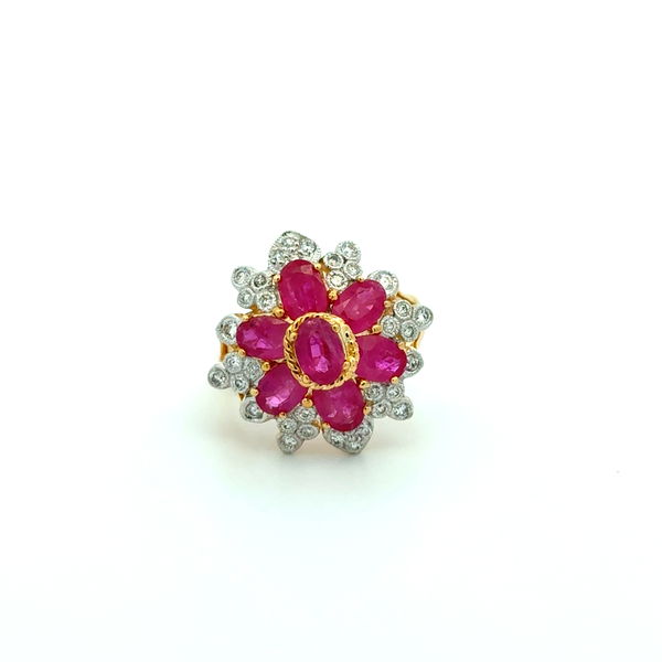 Closeup photo of 18K YG 2.50tcw Oval Ruby Cluster & .40tcw RBC Diamond Rope Halo Ring 7.7g, s8