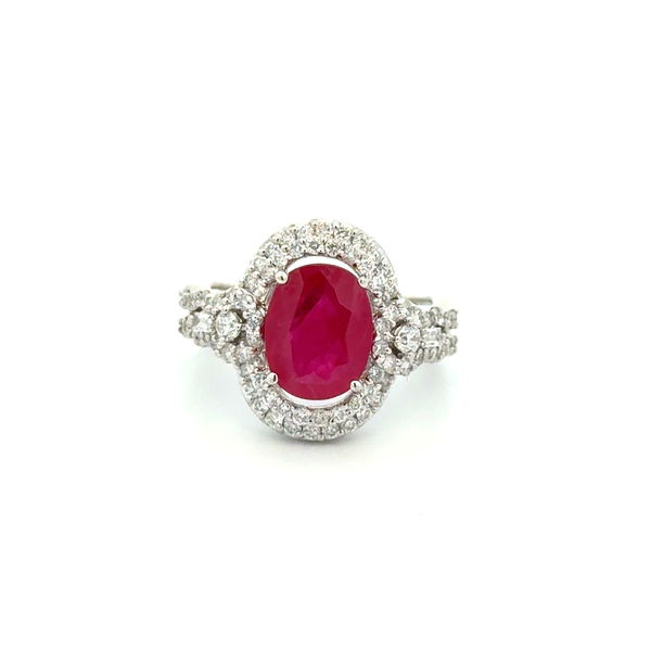 Closeup photo of 18K WG 2.00ct Oval Ruby Cluster & .68tcw Baguette & RBC Diamond Ring 7.1g, s7