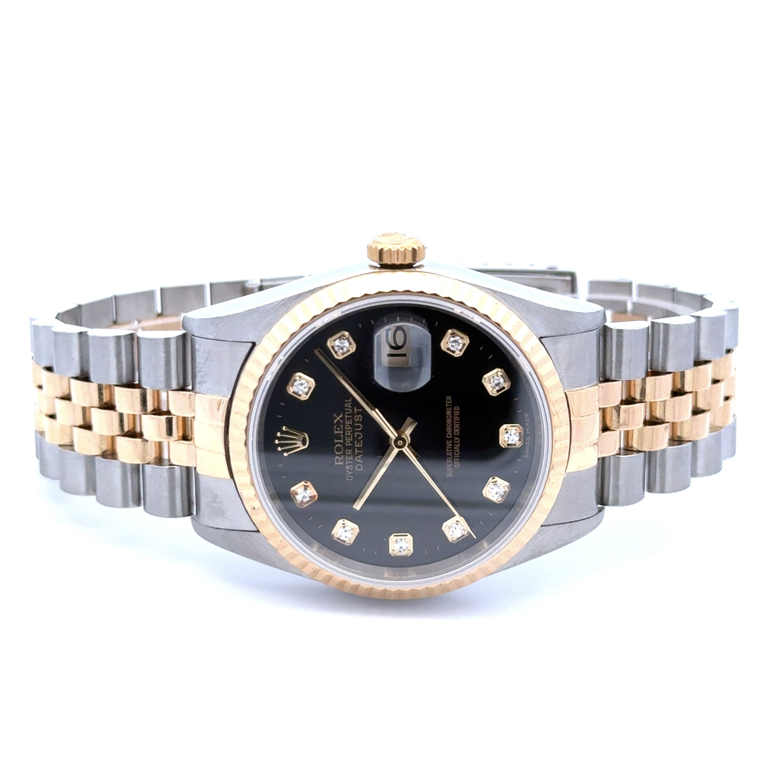ROLEX 36mm DATEJUST 16233 18K Yellow Gold & Stainless Steel Black 10 Diamond Dial Factory Complete K801067, c2000 Service new Xtal 10/25 ROLEX 36mm DATEJUST 16233 18K Yellow Gold & Stainless Steel Black 10 Diamond Dial Factory Complete K801067, c2000 Service new Xtal 10/25