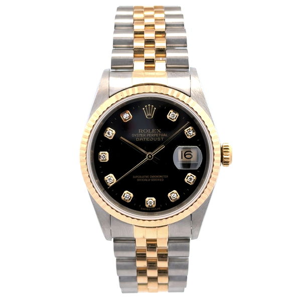 ROLEX 36mm DATEJUST 16233 18K Yellow Gold & Stainless Steel Black 10 Diamond Dial Factory Complete K801067, c2000 Service new Xtal 10/25 Closeup photo of ROLEX 36mm DATEJUST 16233 18K Yellow Gold & Stainless Steel Black 10 Diamond Dial Factory Complete K801067, c2000 Service new Xtal 10/25
