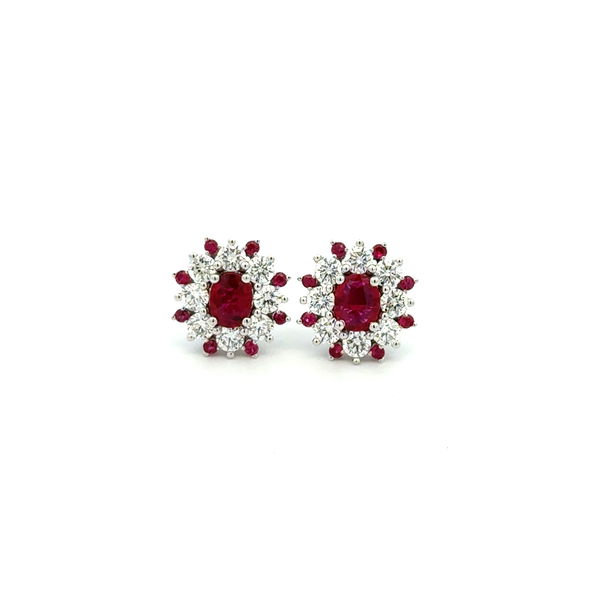 Closeup photo of 14K WG 1tcw Oval & Round Ruby & 1.00tcw RBC Diamond Alternate Cluster Style Stud Earrings 2.3g