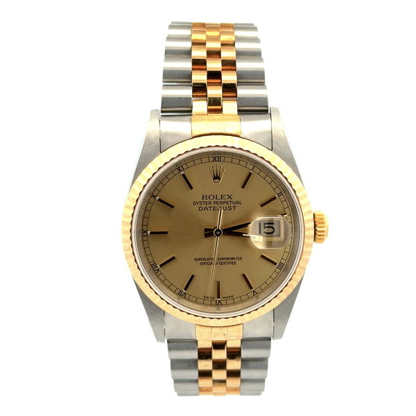Closeup photo of ROLEX 36mm DATEJUST 16233 18K Yellow Gold & Stainless Steel Champagne Dial Watch P525769, c2000