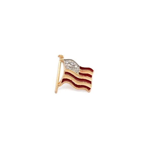 Closeup photo of 14K YG American Flag .06tcw Diamond, Red & White Enamel Pin