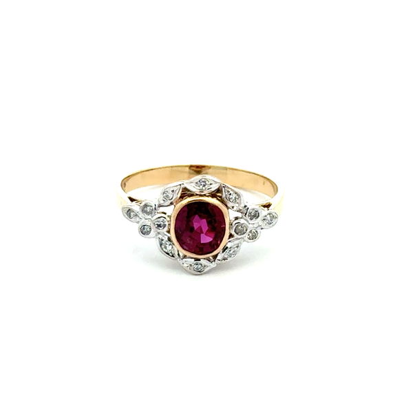 Closeup photo of 14K 2tone Edwardian Style .85ct Cushion Ruby & .10tcw Diamond Ring 2.6g, s6.25