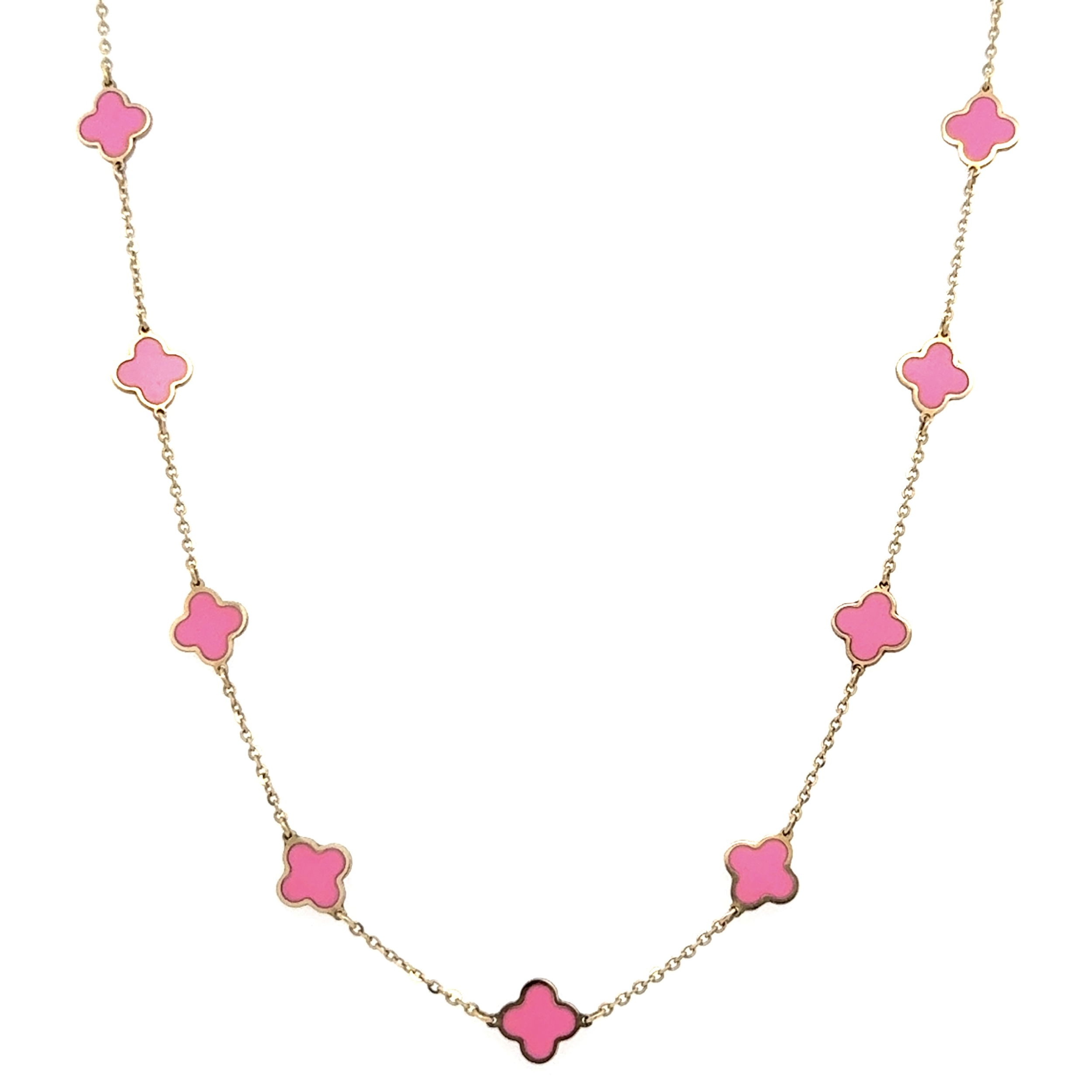 14K YG Pink Enamel Alhambra 9 Link Necklace 2.5g, 15.5"