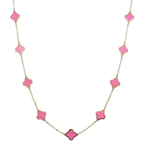 Closeup photo of 14K YG Pink Enamel Alhambra 9 Link Necklace 2.5g, 15.5"