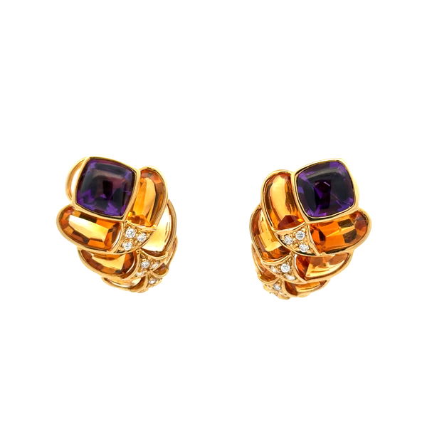 Closeup photo of 18K YG 20tcw Citrine & Amethyst & .25tcw RBC Diamond Drop Post Clip Earrings 17.4g