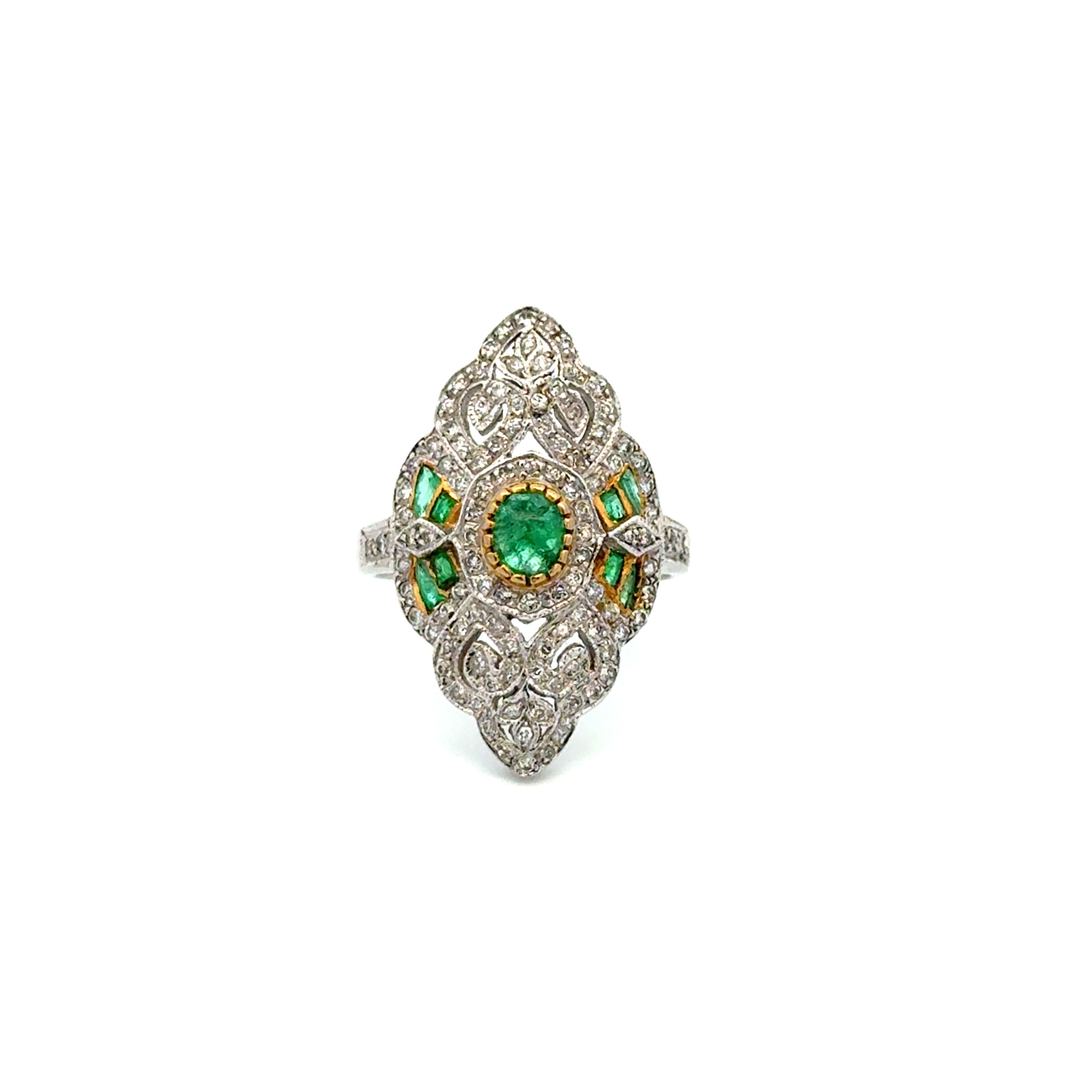 18K WG Art Deco Style .50tcw Emerald & .75tcw Diamond Navette Ring 6.6g, s6.75
