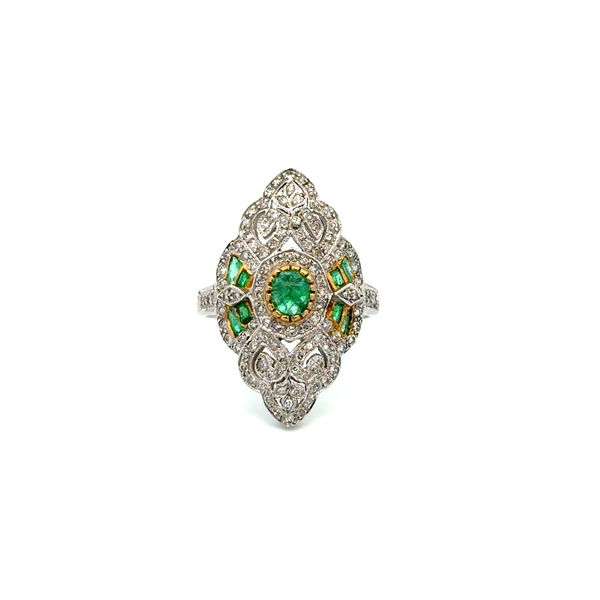 Closeup photo of 18K WG Art Deco Style .50tcw Emerald & .75tcw Diamond Navette Ring 6.6g, s6.75