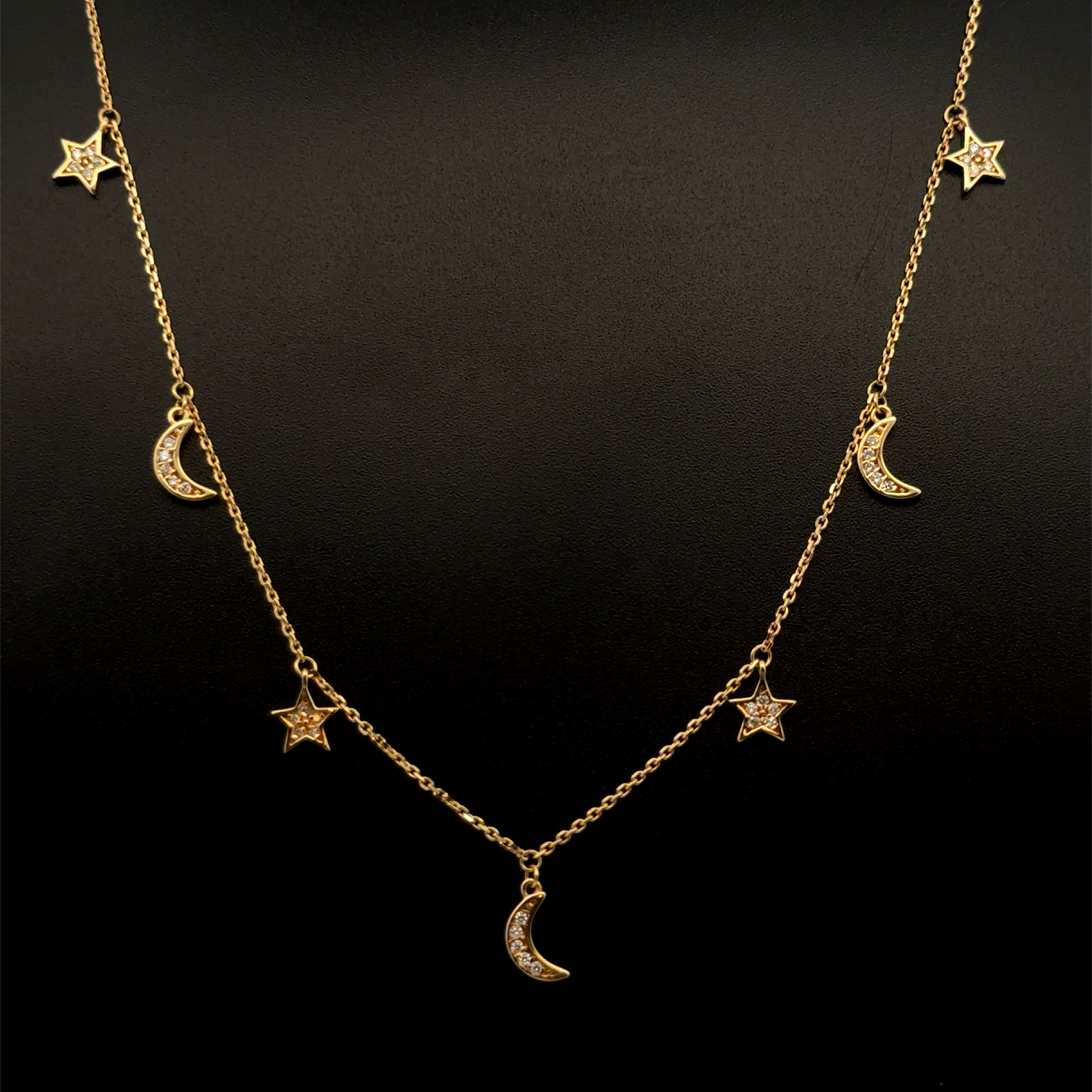 14K YG Petite Sun, Moon & Stars .20tcw Diamond Station Necklace 3.5g, 18"
