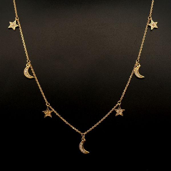 Closeup photo of 14K YG Petite Sun, Moon & Stars .20tcw Diamond Station Necklace 3.5g, 18"